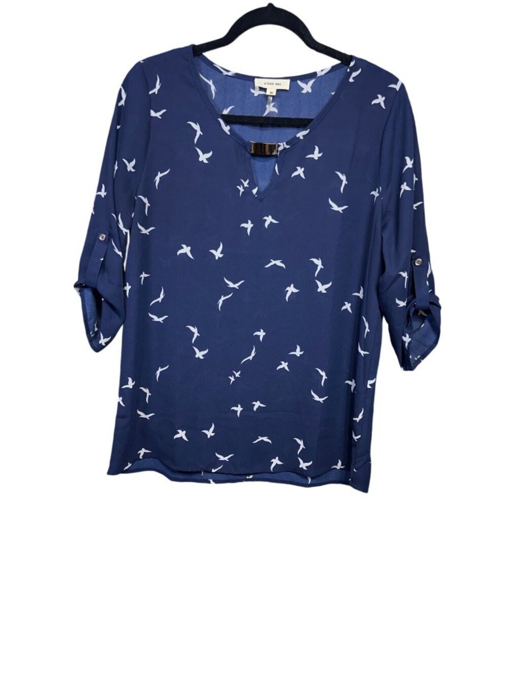 Cest Toi Womens Navy Bird Print Blouse Medium 3/4 Sleeve With Button Tabs Keyhol